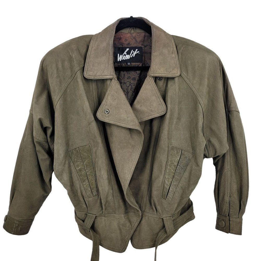 Rare Vintage 80s Winlit Army Green Leather Bomber Jacket M Raglan Belted‎
